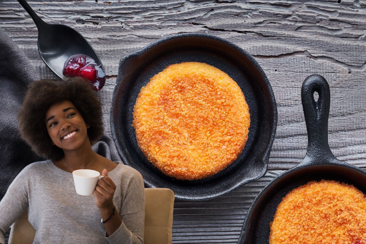 Bolo de fubá de frigideira: rápido, saboroso e sem farinha de trigo 1 bolo de fubá de frigideira.